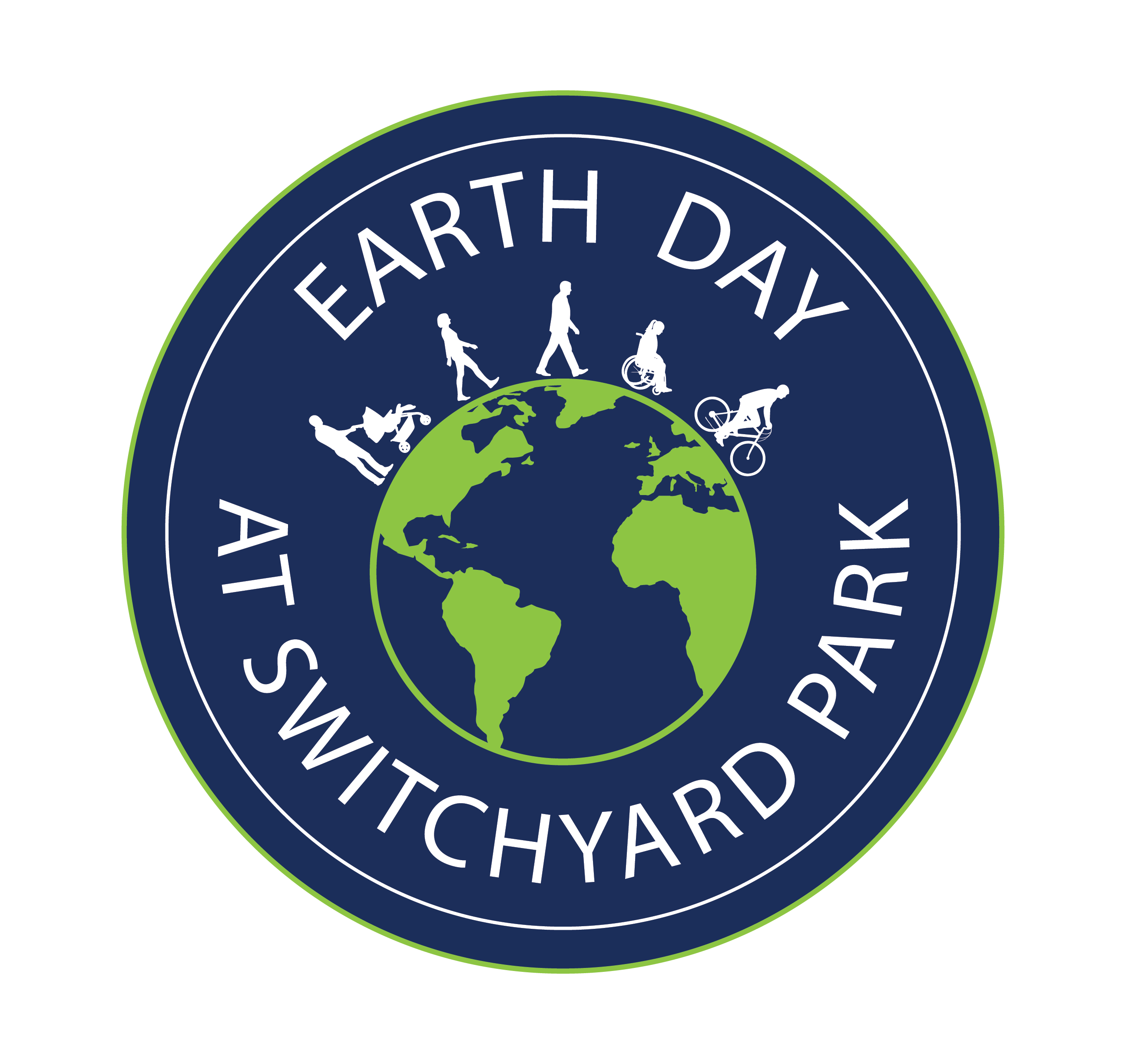 Logo depicting clip art of people walking and biking across the Earth, with the text "Earth Day at Switchyard Park"