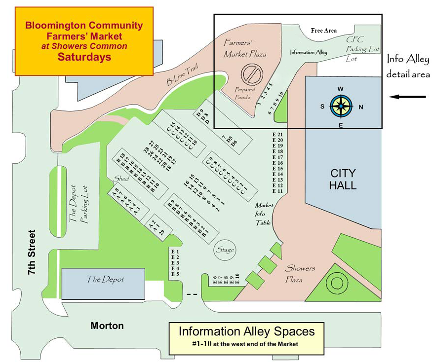 Map of the Saturday Bloomington Community Farmers' Market showing the Market layout and Info Alley spaces