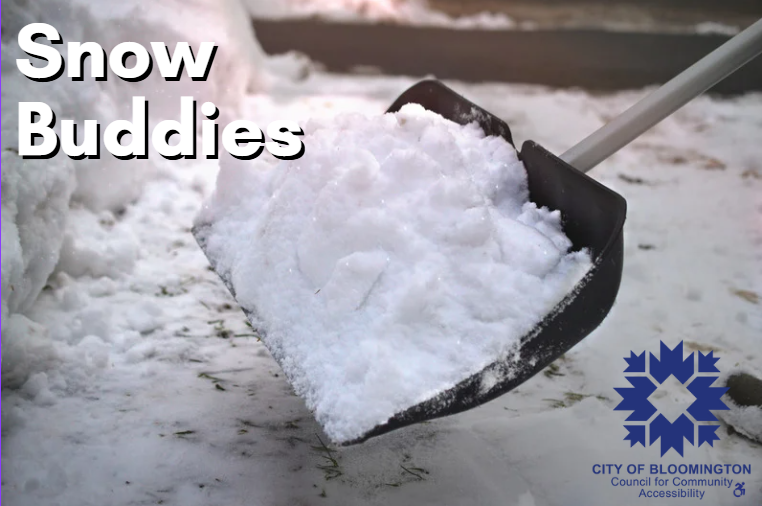 "Snow Buddies" written on image of snow being shoveled
